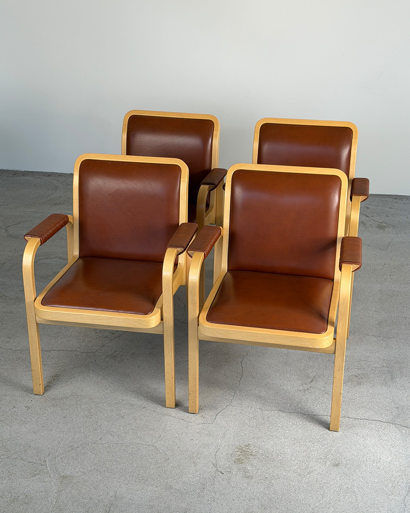 Artek E45 Birch Armchair with Brown Leather Upholstery by Alvar Aalto