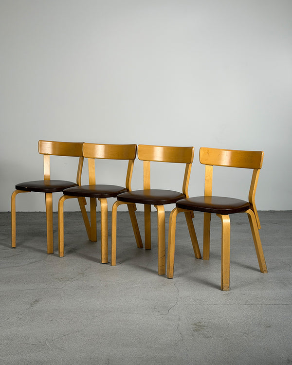 Artek 69 Birch Chair with Brown Leather Upholstery by Alvar Aalto