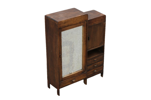 Miniature 1940s Wood Cabinet with Mirrored Door
