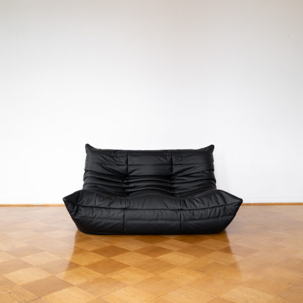 Black Leather 2-Seater Togo Sofa by Michel Ducaroy for Ligne Roset